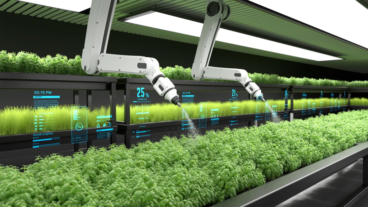 Smart robot farmers are working with digital display data